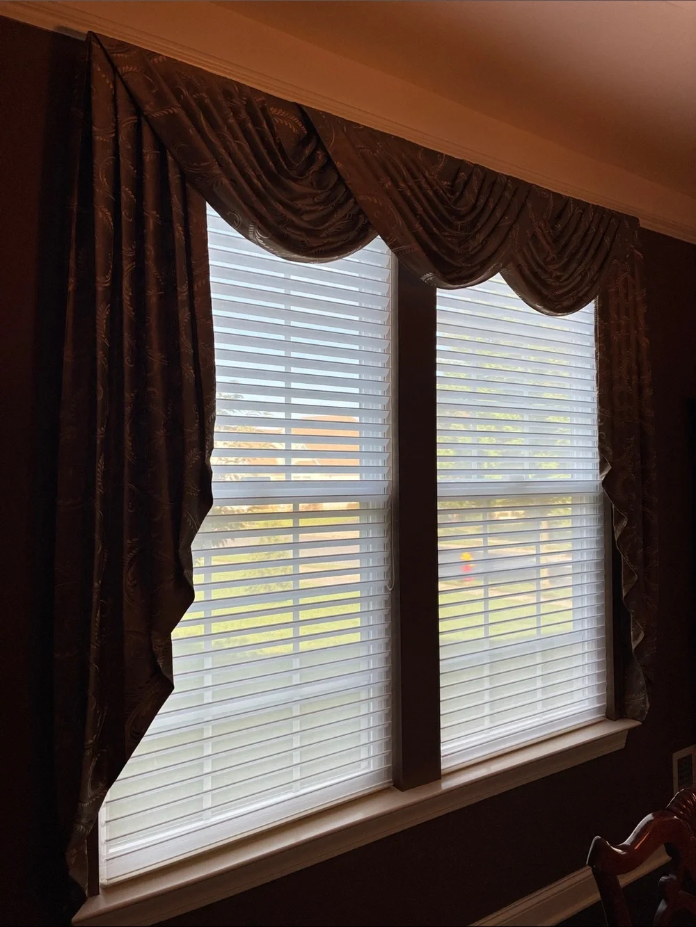 Custom made Silk Valance and Drapery in Bronze